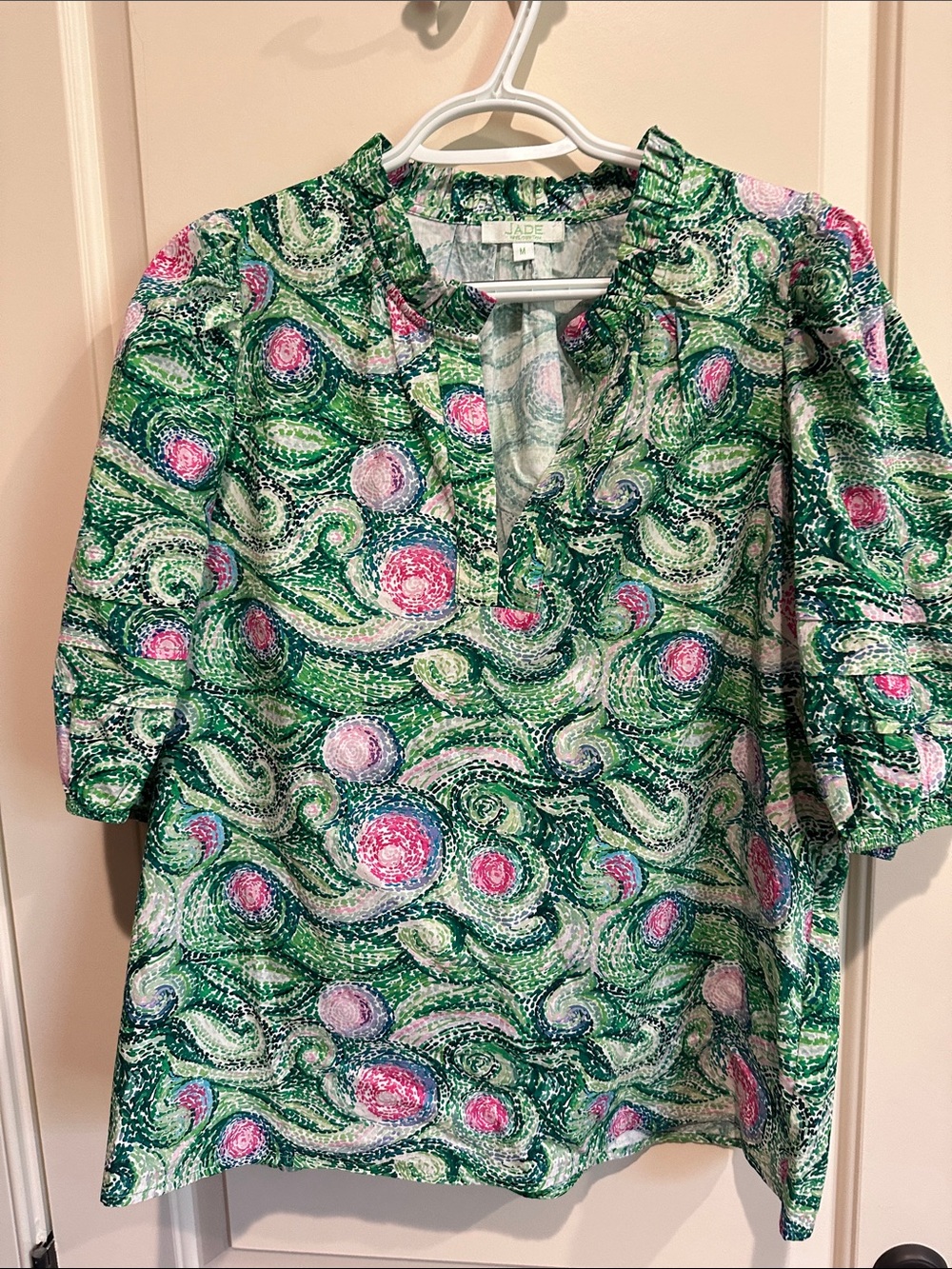 Jade Green Paisley-Print Puff Sleeve Blouse with Pink Accents